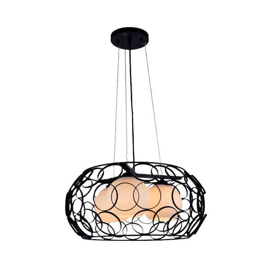 Contemporary White Glass Chandelier with Cage Design - 3-Light Hanging Ceiling Lamp