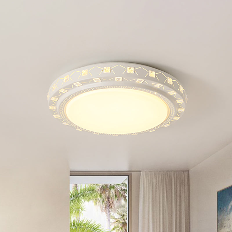 Modern White Drum Ceiling Flush Mount with Crystal Accent, LED Fixture - Perfect for Bedrooms - 16"/19.5" Wide