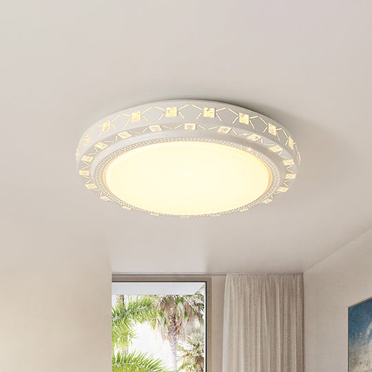 Modern White Drum Ceiling Flush Mount with Crystal Accent, LED Fixture - Perfect for Bedrooms - 16"/19.5" Wide