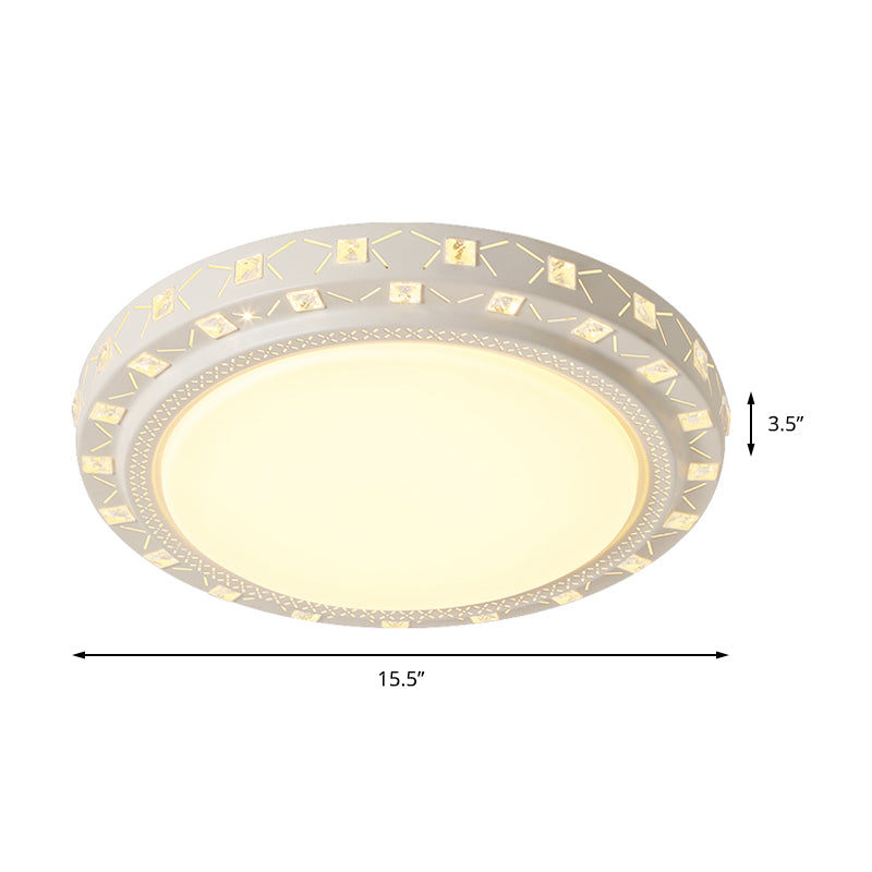 Modern White Drum Ceiling Flush Mount with Crystal Accent, LED Fixture - Perfect for Bedrooms - 16"/19.5" Wide