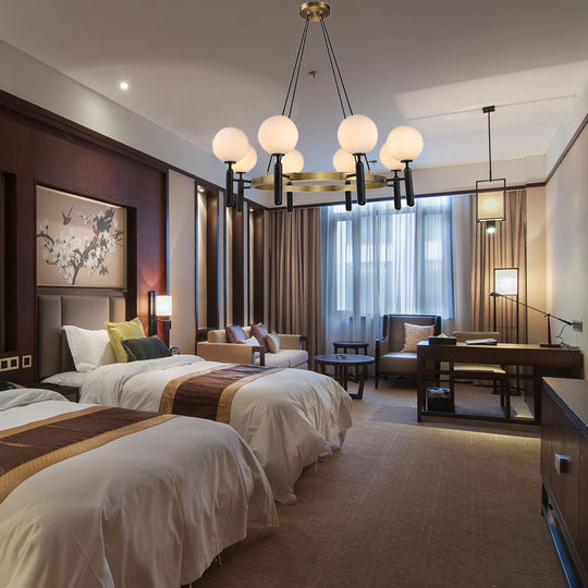 Modern White Glass Sphere Chandelier with Circular Design - 8 Lights - Black Hanging Fixture