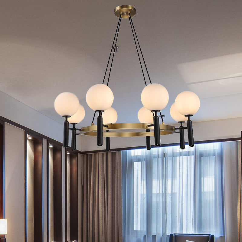 Modern White Glass Sphere Chandelier with Circular Design - 8 Lights - Black Hanging Fixture