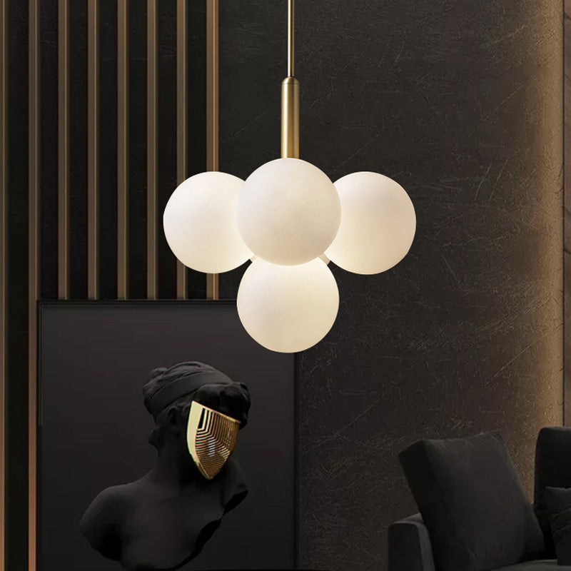 Contemporary White Glass Chandelier Lamp – 5/13 Lights Brass Pendant Light with Spherical Design