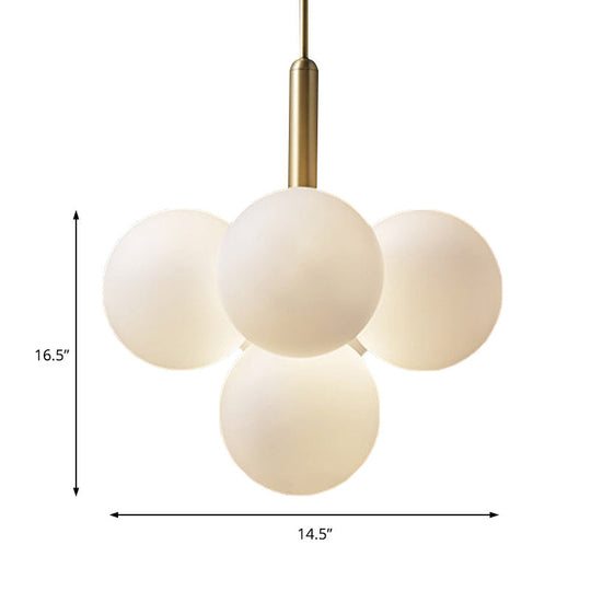 Contemporary White Glass Chandelier Lamp – 5/13 Lights Brass Pendant Light with Spherical Design