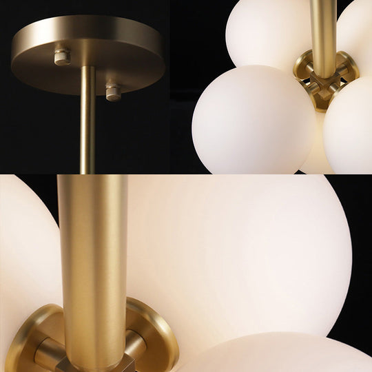 Contemporary White Glass Chandelier Lamp – 5/13 Lights Brass Pendant Light with Spherical Design
