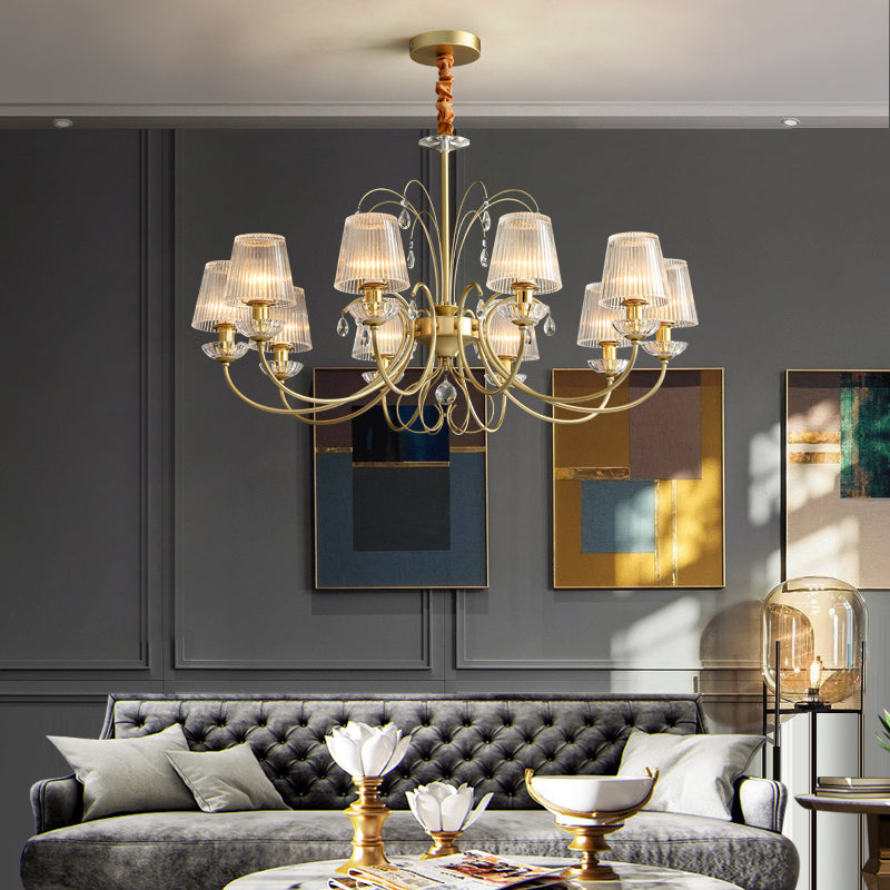 Modern Gold Ribbed Glass Cone Chandelier with 6/8/10 Lights - Elegant Hanging Ceiling Light for Living Room