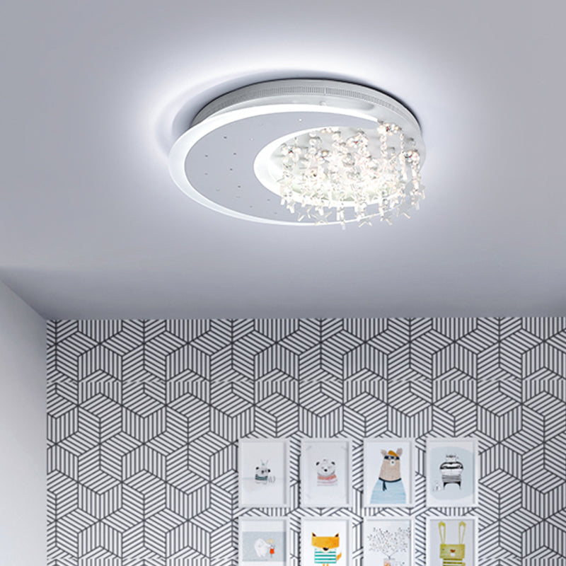 Modern Flush Ceiling Light with Crystal Accent - 16"/23.5" Round Metal White LED Fixture