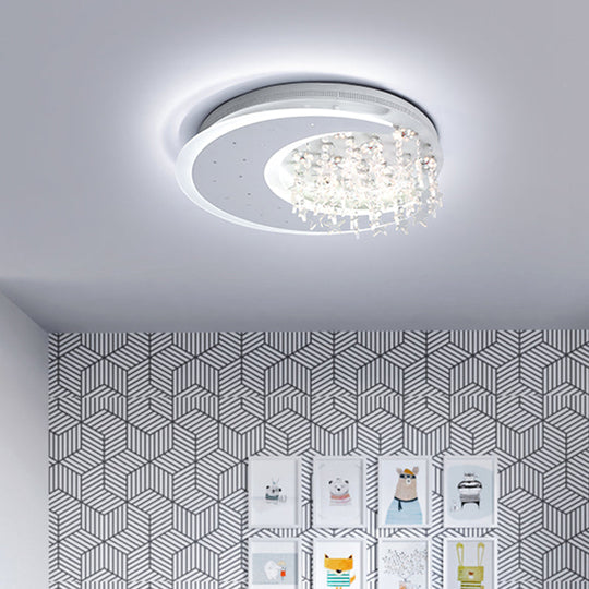 Modern Flush Ceiling Light with Crystal Accent - 16"/23.5" Round Metal White LED Fixture