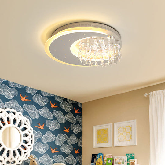Modern Flush Ceiling Light with Crystal Accent - 16"/23.5" Round Metal White LED Fixture