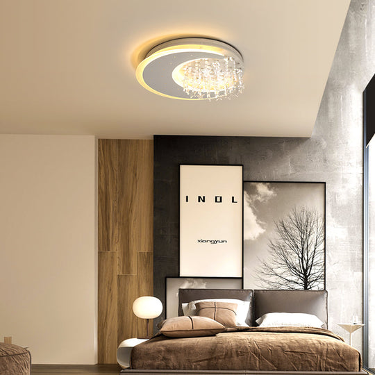 Modern Flush Ceiling Light with Crystal Accent - 16"/23.5" Round Metal White LED Fixture
