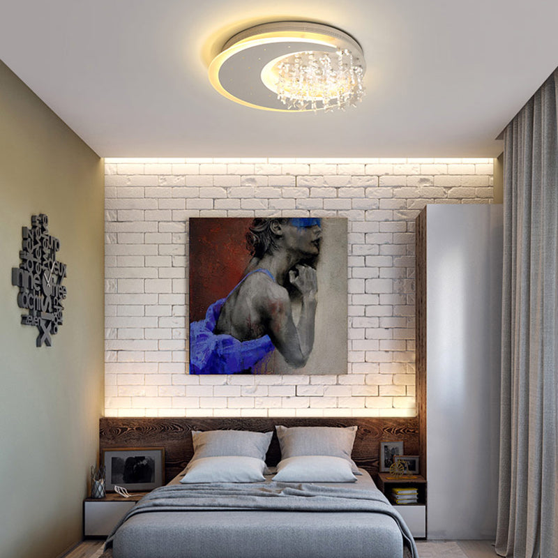 Modern Flush Ceiling Light with Crystal Accent - 16"/23.5" Round Metal White LED Fixture