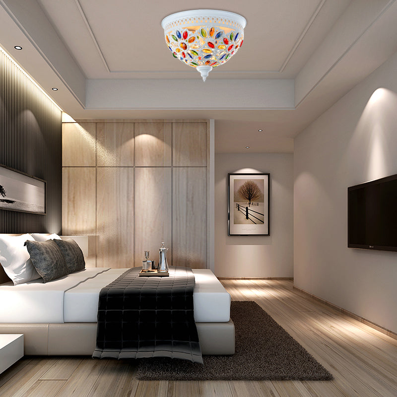 Modernist Bowl Flush Mount Ceiling Light With Crystal Gem Detail - 2-Light Metal Fixture In