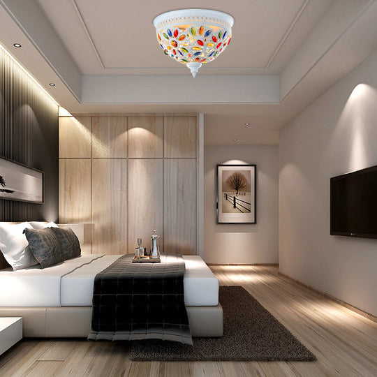 Modernist Bowl Flush Mount Ceiling Light With Crystal Gem Detail - 2-Light Metal Fixture In