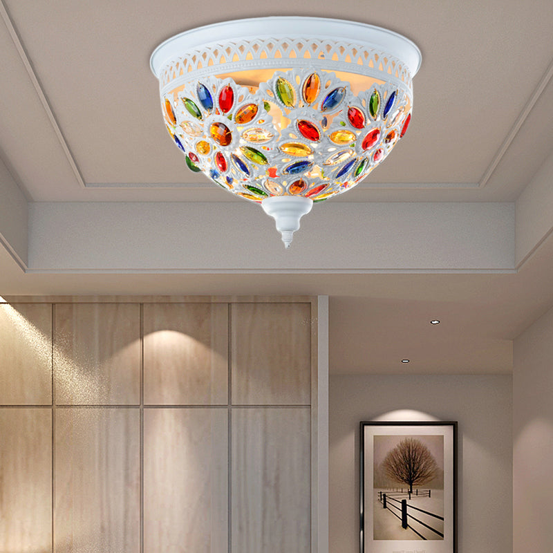 Modernist Bowl Flush Mount Ceiling Light with Crystal Gem Detail - 2-Light Metal Fixture in White/Blue Finish