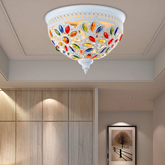 Modernist Bowl Flush Mount Ceiling Light with Crystal Gem Detail - 2-Light Metal Fixture in White/Blue Finish