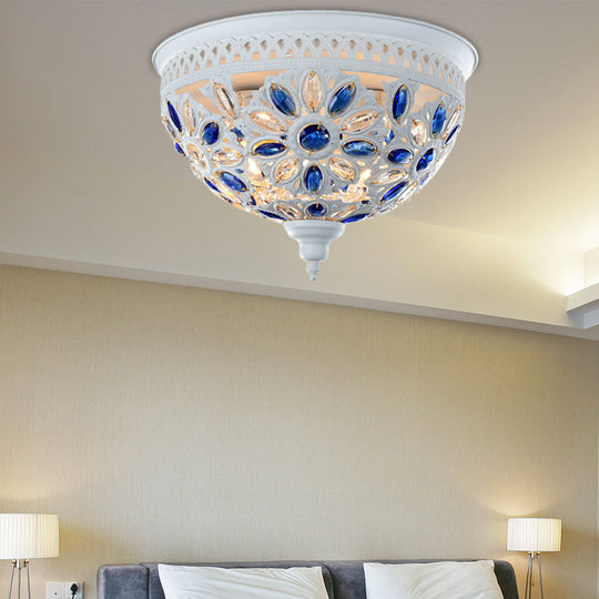 Modernist Bowl Flush Mount Ceiling Light with Crystal Gem Detail - 2-Light Metal Fixture in White/Blue Finish