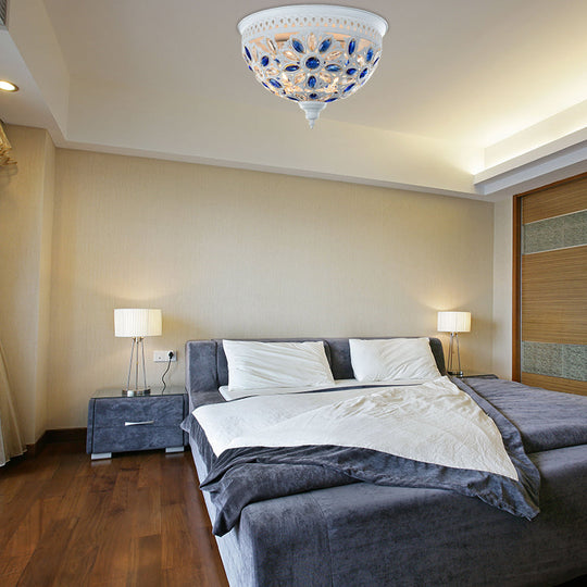 Modernist Bowl Flush Mount Ceiling Light with Crystal Gem Detail - 2-Light Metal Fixture in White/Blue Finish