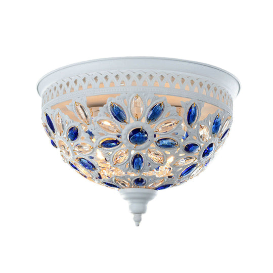 Modernist Bowl Flush Mount Ceiling Light with Crystal Gem Detail - 2-Light Metal Fixture in White/Blue Finish