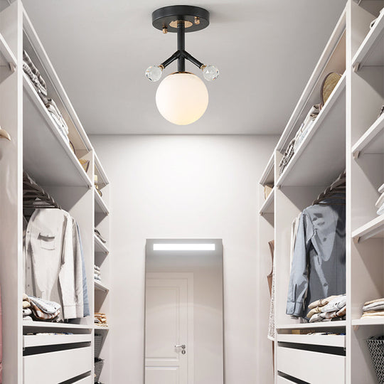 Plafonnier moderne en verre blanc et métal avec boule de cristal décorative - 1 ampoule globe semi-encastrée