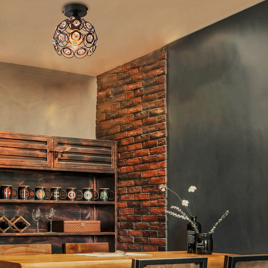 Modern Black Metal Semi Flush Pendant Light with Clear Crystal Deco - Dome Shade, Ceiling Mounted Fixture