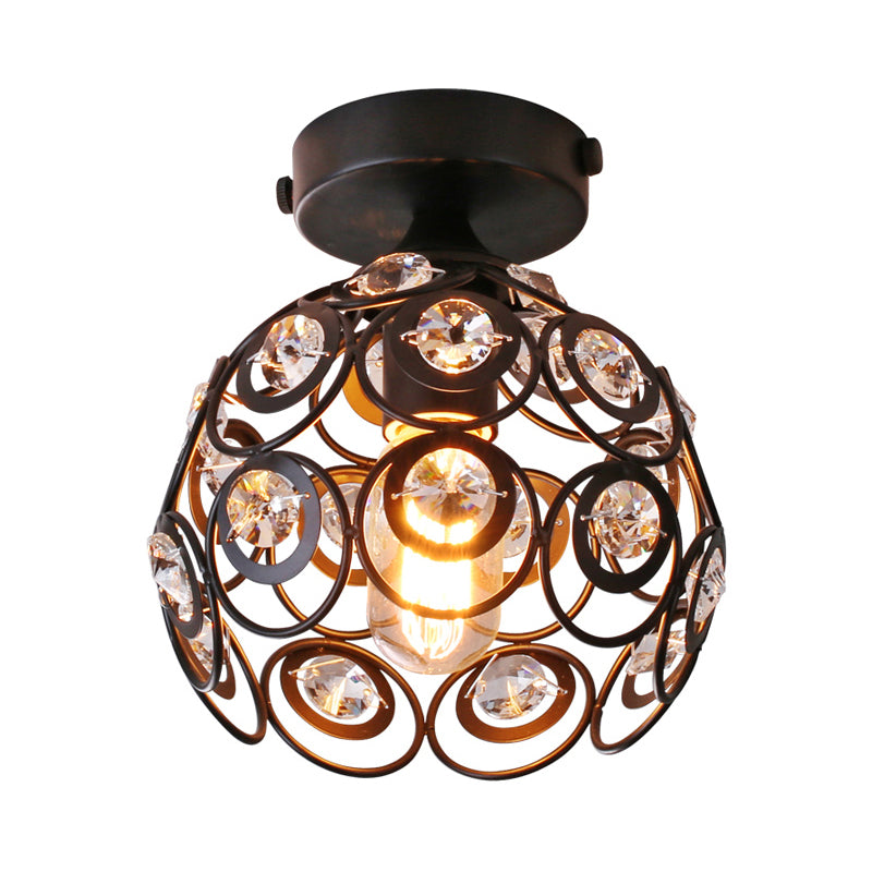 Modern Black Metal Semi Flush Pendant Light with Clear Crystal Deco - Dome Shade, Ceiling Mounted Fixture