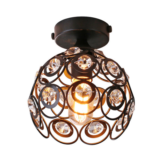 Modern Black Metal Semi Flush Pendant Light with Clear Crystal Deco - Dome Shade, Ceiling Mounted Fixture