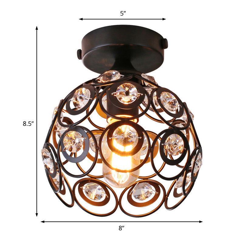 Modern Black Metal Semi Flush Pendant Light with Clear Crystal Deco - Dome Shade, Ceiling Mounted Fixture