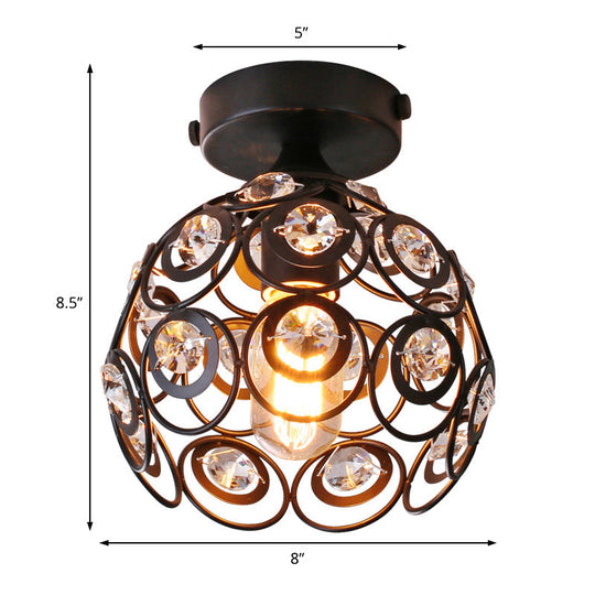 Modern Black Metal Semi Flush Pendant Light with Clear Crystal Deco - Dome Shade, Ceiling Mounted Fixture