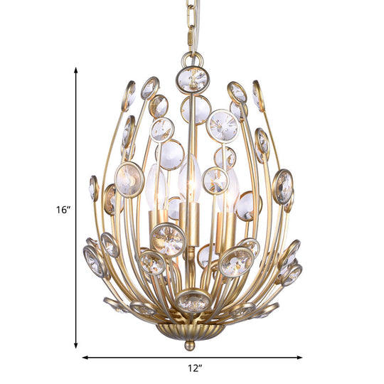 Modern 3-Light Floral Chandelier in Gold - Metal and Crystal Hanging Light Fixture for Dining Room