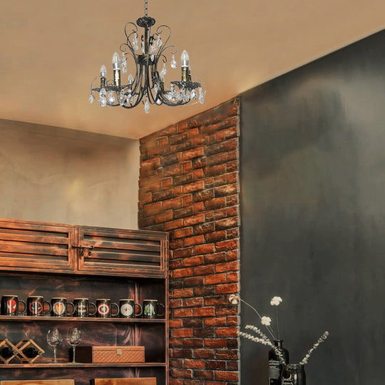 Rustic Candle Chandelier: Wrought Iron 6-Light Suspension Lamp with Crystal Accent - Brass Finish