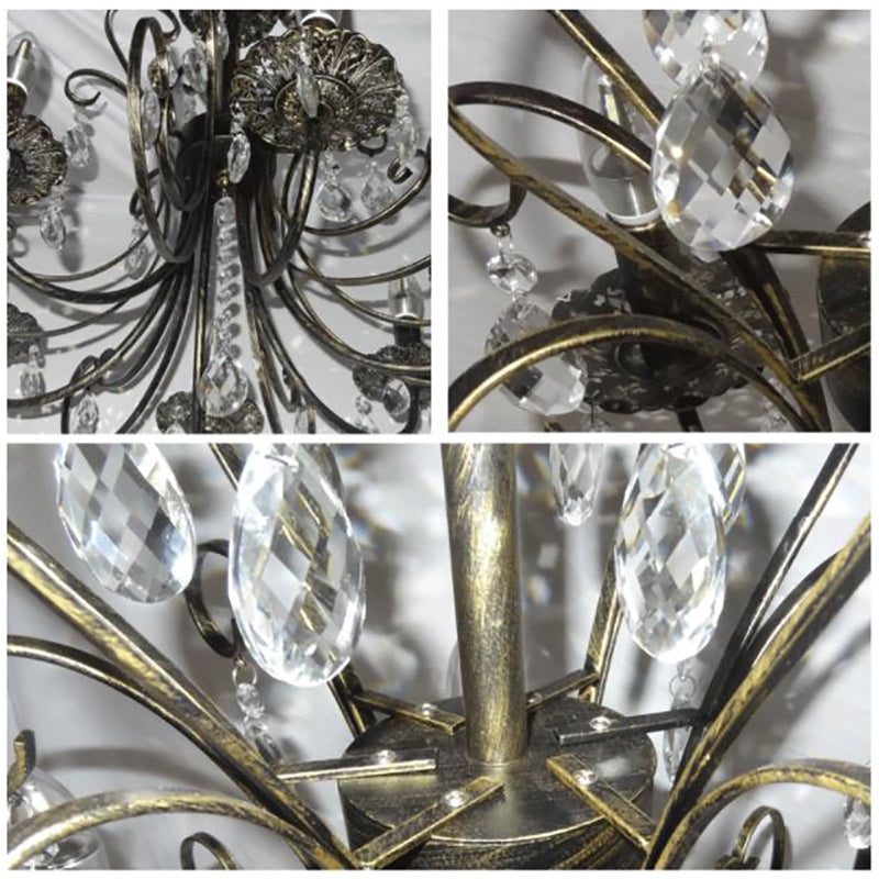 Rustic Candle Chandelier: Wrought Iron 6-Light Suspension Lamp with Crystal Accent - Brass Finish