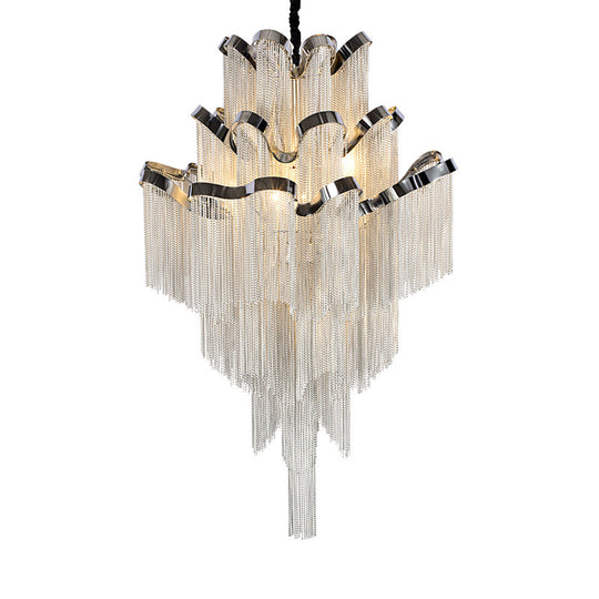 Modernist Nordic Style Metal Chain Chandelier - 8-Light Silver Ceiling Light Fixture