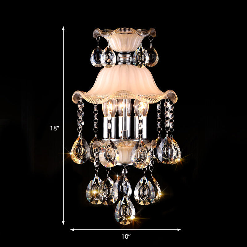 Modern Frosted Glass Ceiling Chandelier with Crystal Deco – Ruffled Edge Hanging Lamp in Champagne