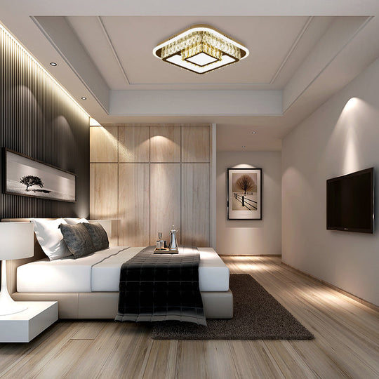 Modern Square/Flower Flush Ceiling Light - Clear Crystal LED - White - Bedroom