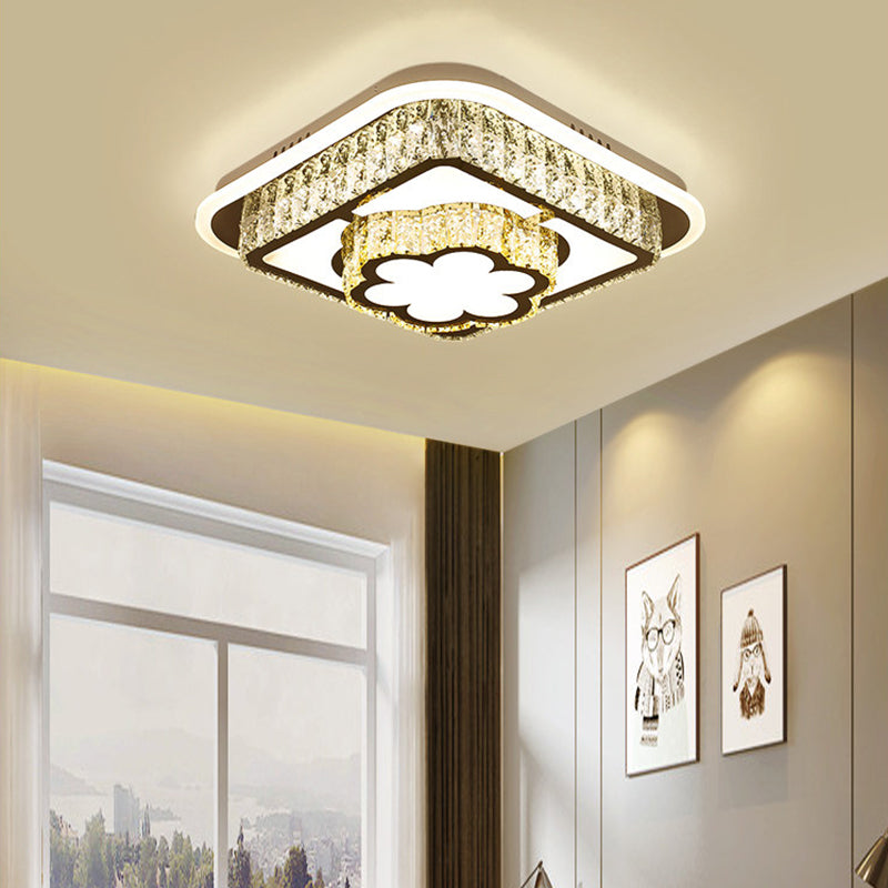 Modern Square/Flower Flush Ceiling Light - Clear Crystal LED - White - Bedroom