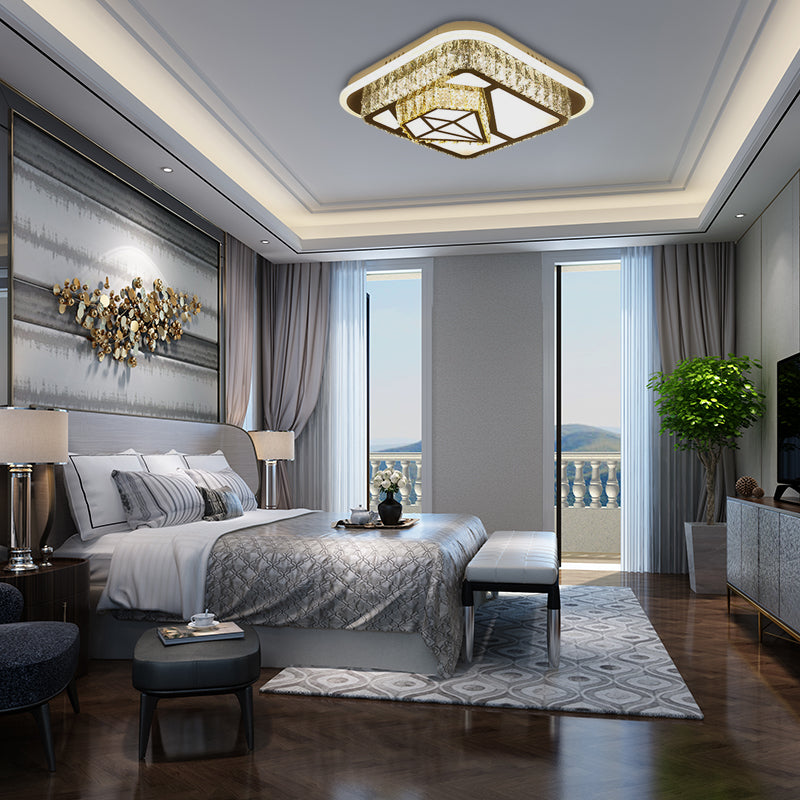 Modern Square/Flower Flush Ceiling Light - Clear Crystal LED - White - Bedroom