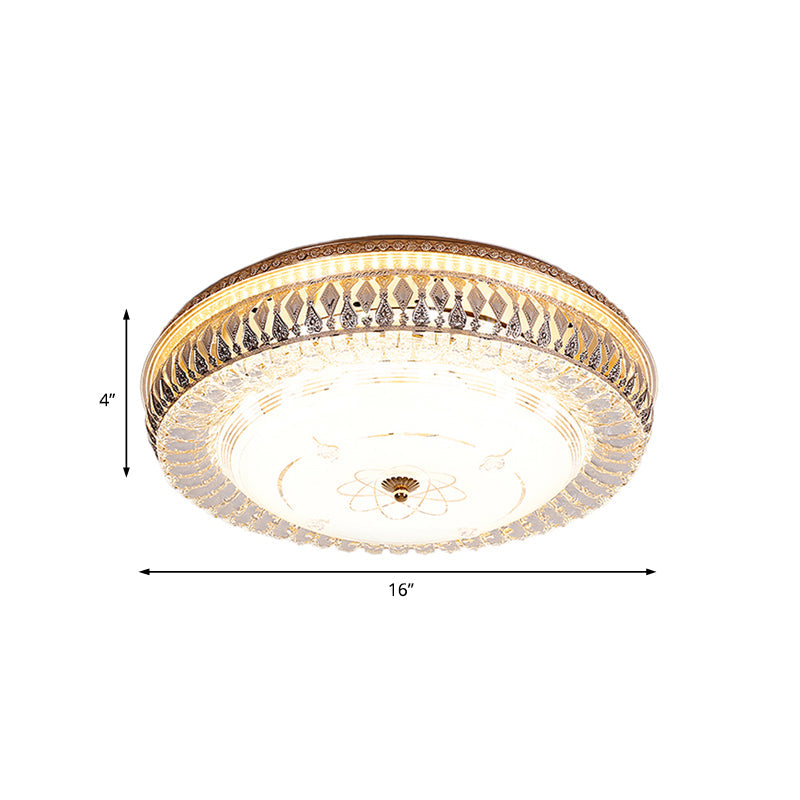 Plafonnier LED vintage en laiton avec lampe encastrée en cristal et abat-jour en verre blanc - Tambour de 16"/19,5" de largeur