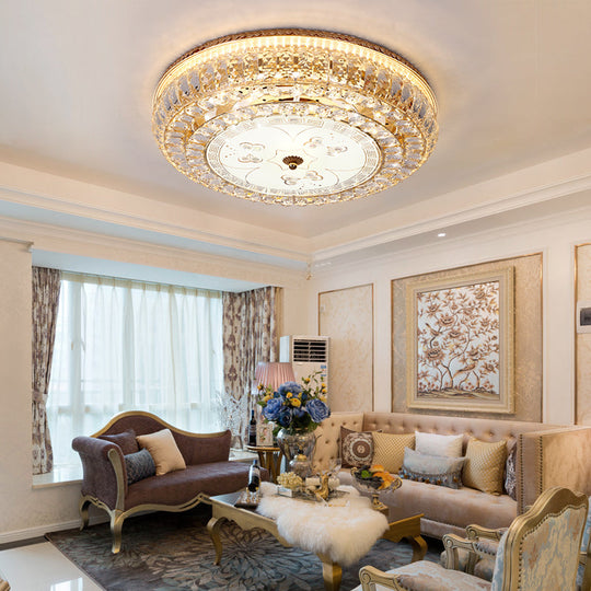 LED Drum Flush Light: Modern Crystal Ceiling Fixture with Gold Flower/Butterfly Pattern