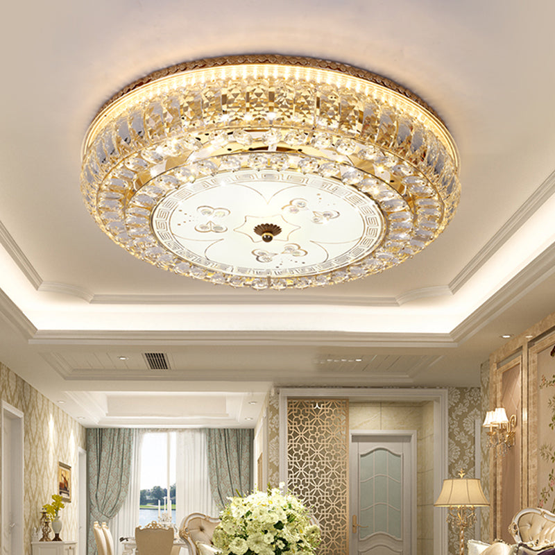 Led Drum Flush Light: Modern Crystal Ceiling Fixture With Gold Flower/Butterfly Pattern
