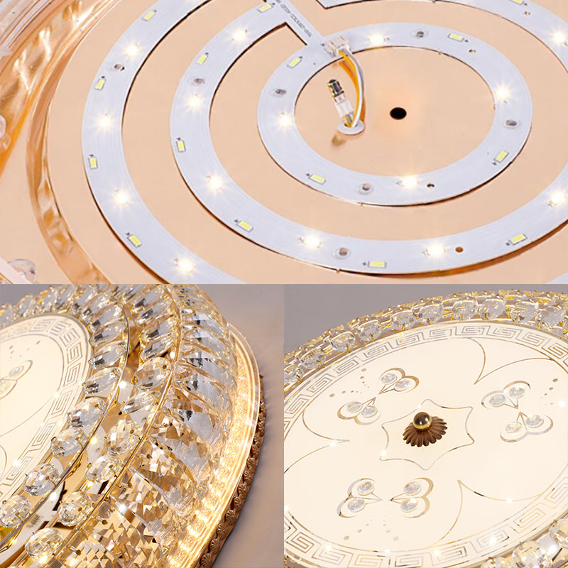 Led Drum Flush Light: Modern Crystal Ceiling Fixture With Gold Flower/Butterfly Pattern