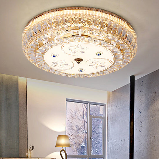 LED Drum Flush Light: Modern Crystal Ceiling Fixture with Gold Flower/Butterfly Pattern