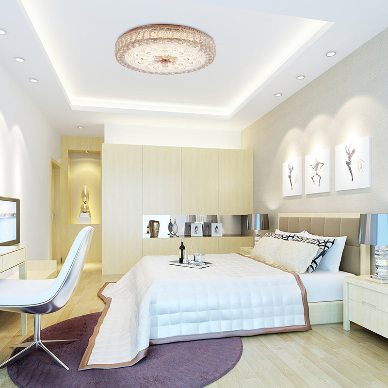 Gold Metal And Crystal Led Flushed Ceiling Light With Peacock/Floral Pattern - 16/19.5 Wide / 16