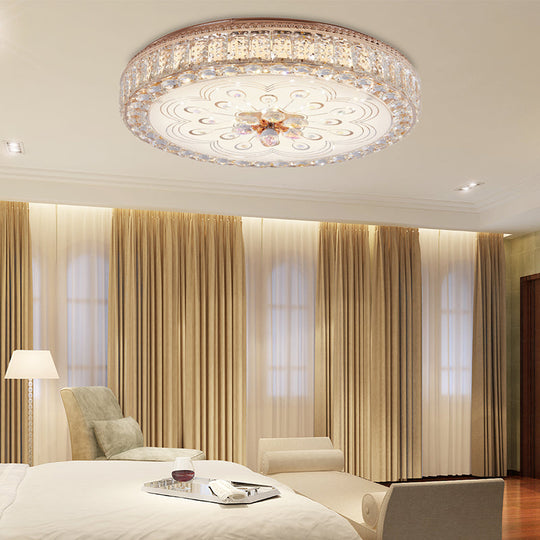 Gold Metal And Crystal Led Flushed Ceiling Light With Peacock/Floral Pattern - 16/19.5 Wide