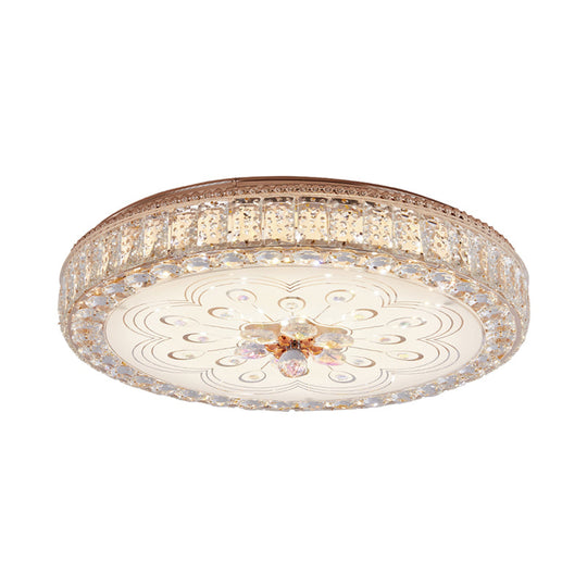 Gold Metal And Crystal Led Flushed Ceiling Light With Peacock/Floral Pattern - 16/19.5 Wide