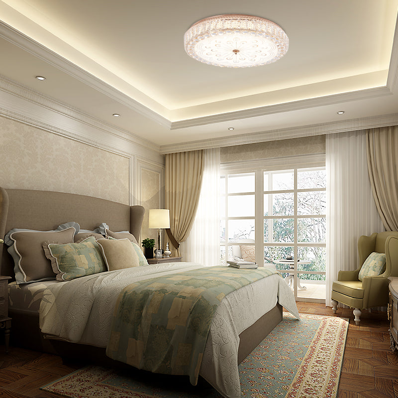 Gold Metal and Crystal LED Flushed Ceiling Light with Peacock/Floral Pattern - 16"/19.5" Wide