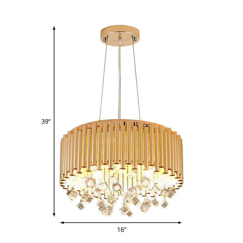 4/5-Light Modern Metal Chandelier with Crystal Accents in Gold, Drum Design, 16"/19.5" Width