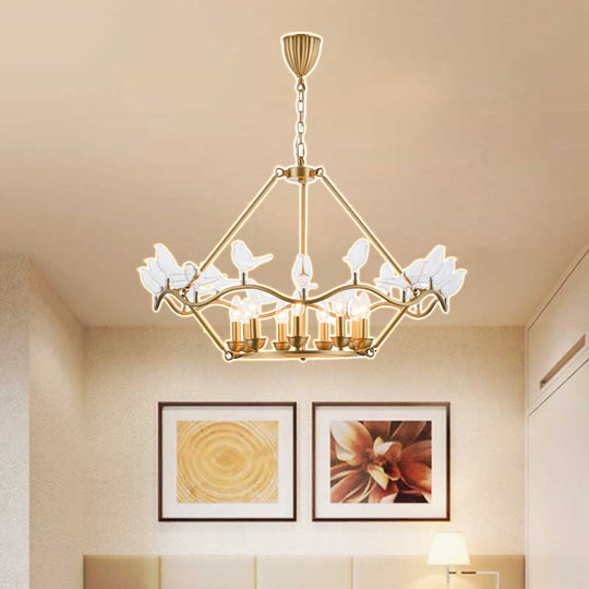 Modern Iron Candle Chandelier Ceiling Fixture in Gold with Clear Glass Birds - 6/9-Head for Living Room