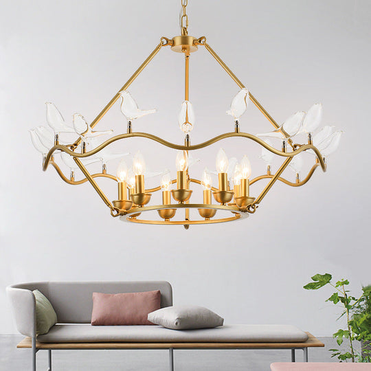 Modern Iron Candle Chandelier Ceiling Fixture in Gold with Clear Glass Birds - 6/9-Head for Living Room