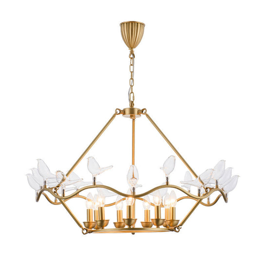 Modern Iron Candle Chandelier Ceiling Fixture in Gold with Clear Glass Birds - 6/9-Head for Living Room