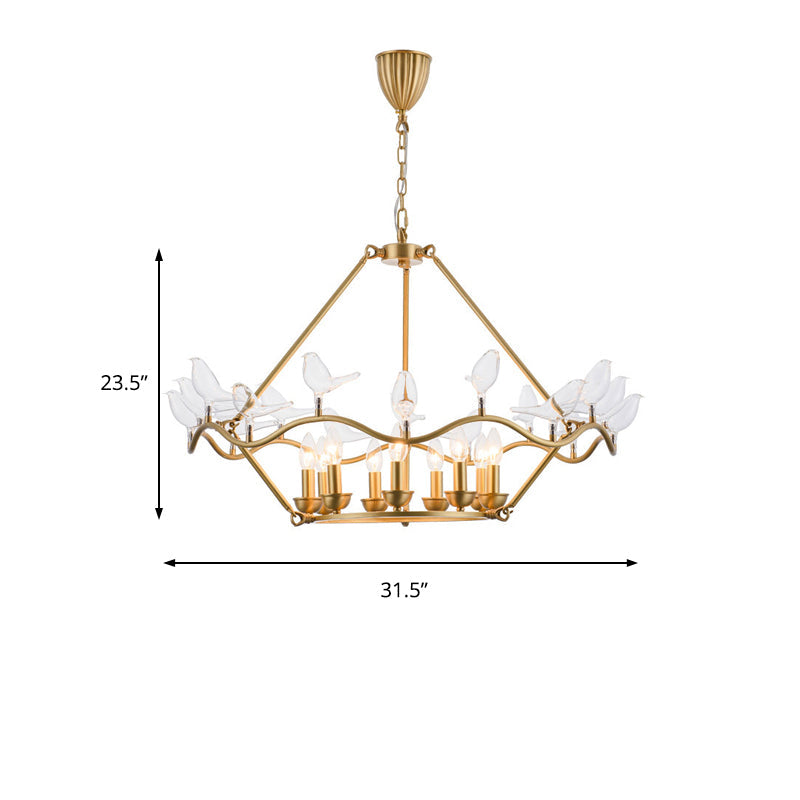 Postmodern Iron Candle Chandelier With Clear Glass Birds - 6/9-Head Gold Ceiling Fixture For Living